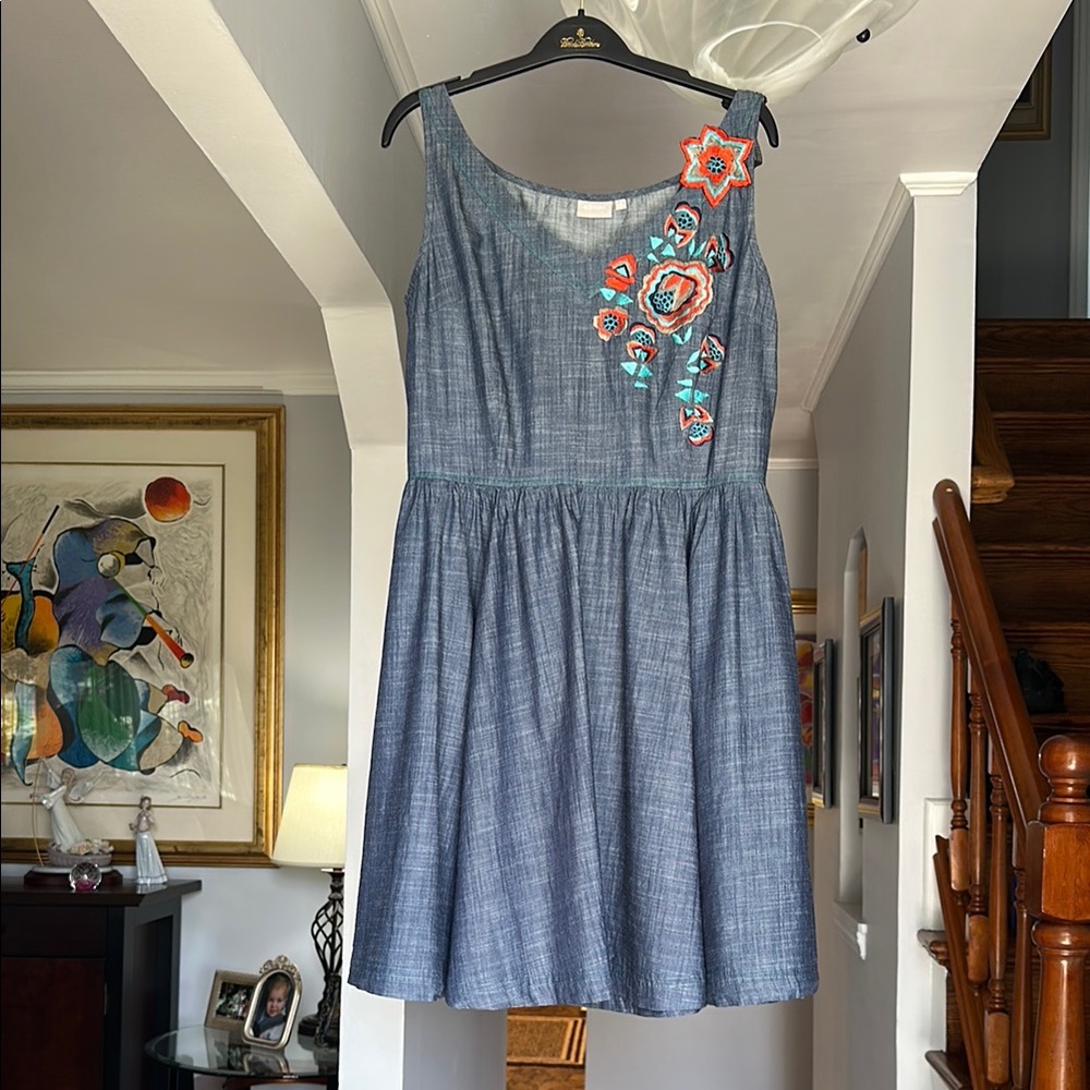 eShakti Embroidered Chambray Skeeveless Dress Sz 14